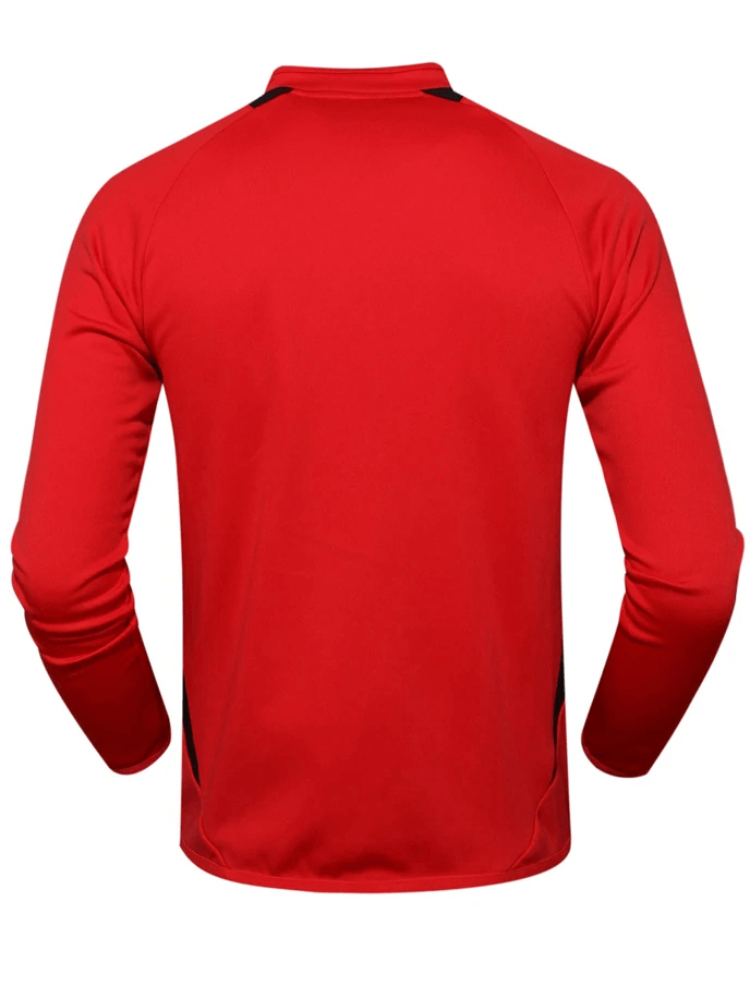 Back view of red long-sleeve fleece sports top SF2078 with cozy fit, ideal for running. Performance and style combined.